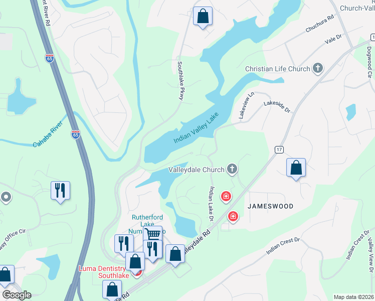 map of restaurants, bars, coffee shops, grocery stores, and more near 1953 Indian Lake Drive in Birmingham