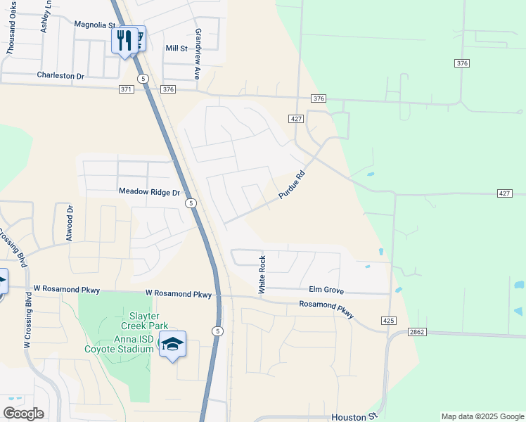 map of restaurants, bars, coffee shops, grocery stores, and more near 404 Purdue Road in Anna