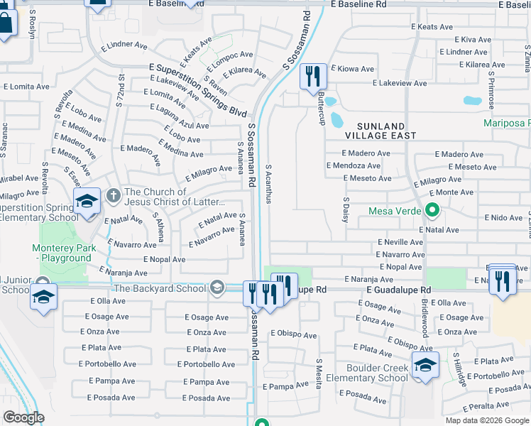 map of restaurants, bars, coffee shops, grocery stores, and more near 2554 South Acanthus in Mesa