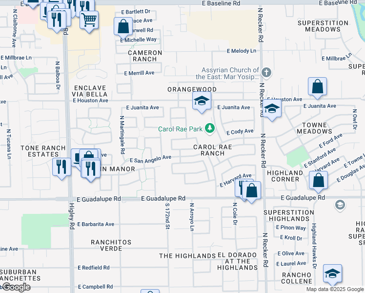 map of restaurants, bars, coffee shops, grocery stores, and more near 3641 East Feather Avenue in Gilbert