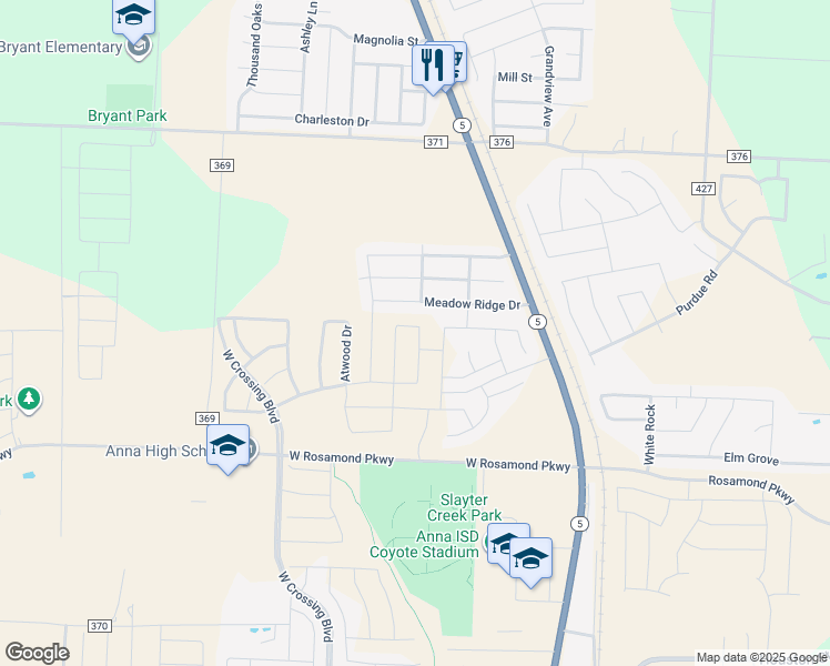 map of restaurants, bars, coffee shops, grocery stores, and more near 225 Meadow Ridge Drive in Anna