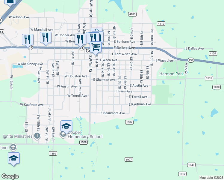 map of restaurants, bars, coffee shops, grocery stores, and more near 801 Southeast 4th Street in Cooper