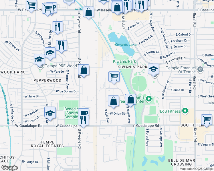 map of restaurants, bars, coffee shops, grocery stores, and more near 138 West Julie Drive in Tempe