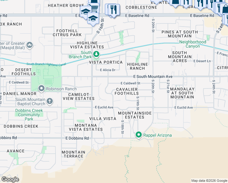 map of restaurants, bars, coffee shops, grocery stores, and more near 1720 East Ardmore Drive in Phoenix