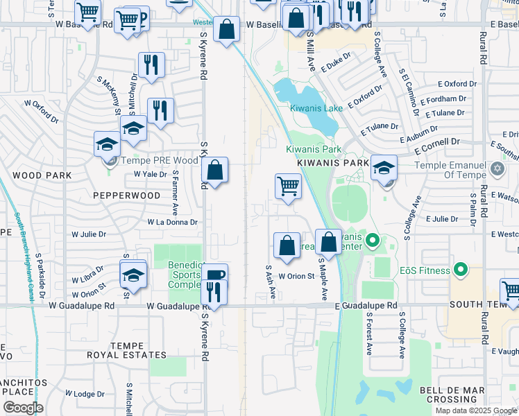 map of restaurants, bars, coffee shops, grocery stores, and more near 138 West Julie Drive in Tempe