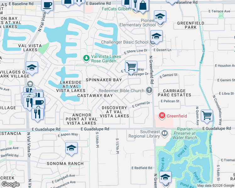 map of restaurants, bars, coffee shops, grocery stores, and more near 1118 North Gull Haven Court in Gilbert