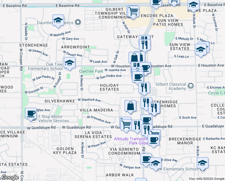 map of restaurants, bars, coffee shops, grocery stores, and more near 195 West San Angelo in Gilbert