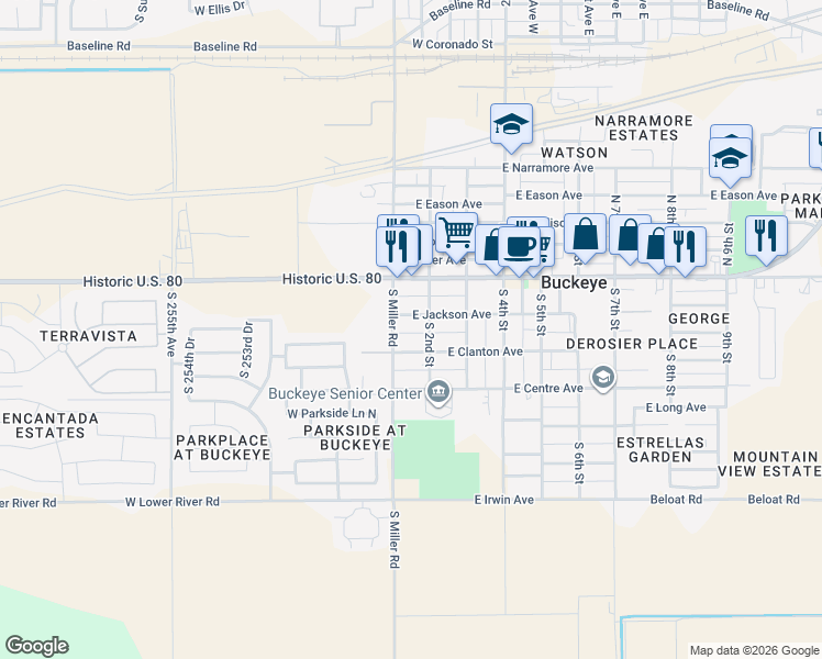 map of restaurants, bars, coffee shops, grocery stores, and more near 107 East Jackson Avenue in Buckeye