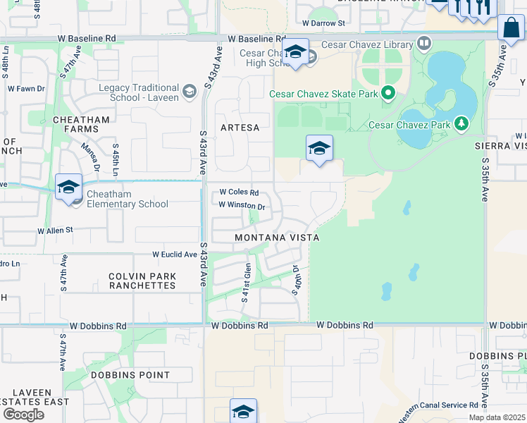 map of restaurants, bars, coffee shops, grocery stores, and more near 8515 South 41st Glen in Phoenix