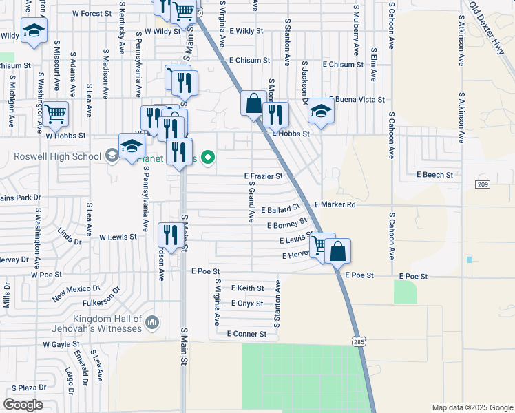 map of restaurants, bars, coffee shops, grocery stores, and more near 303 East Ballard Street in Roswell