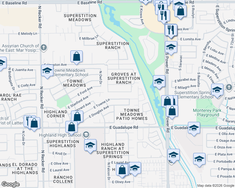 map of restaurants, bars, coffee shops, grocery stores, and more near 4477 East Stanford Avenue in Gilbert