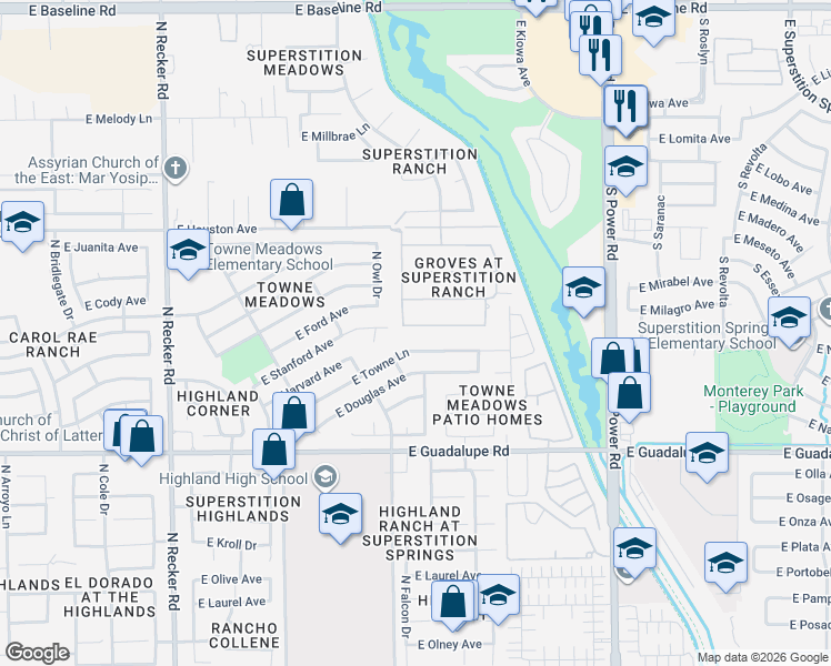 map of restaurants, bars, coffee shops, grocery stores, and more near 974 North Wren Drive in Gilbert