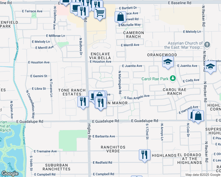 map of restaurants, bars, coffee shops, grocery stores, and more near 3352 East San Remo Avenue in Gilbert