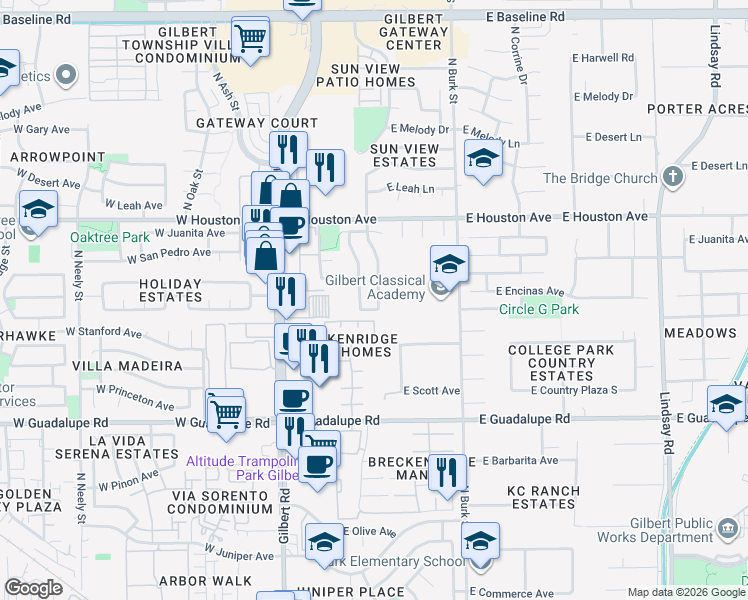 map of restaurants, bars, coffee shops, grocery stores, and more near 1016 North Palm Street in Gilbert