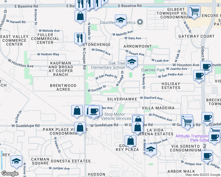 map of restaurants, bars, coffee shops, grocery stores, and more near 652 West San Remo Court in Gilbert
