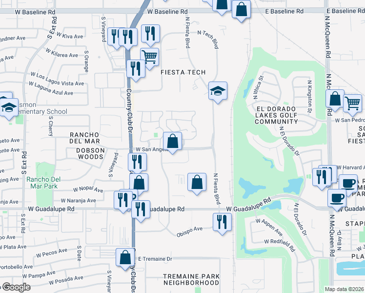 map of restaurants, bars, coffee shops, grocery stores, and more near 2200 West San Angelo Street in Gilbert