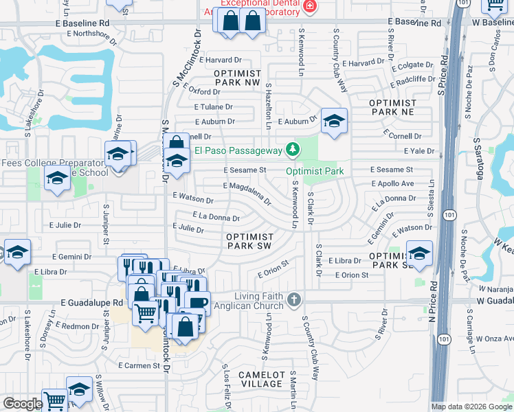 map of restaurants, bars, coffee shops, grocery stores, and more near 1894 East Watson Drive in Tempe