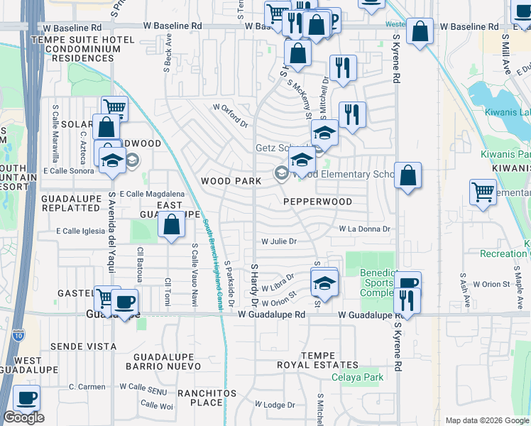 map of restaurants, bars, coffee shops, grocery stores, and more near 919 West Apollo Avenue in Tempe