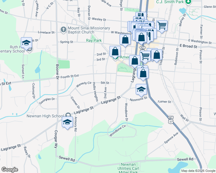 map of restaurants, bars, coffee shops, grocery stores, and more near 68 2nd Avenue in Newnan