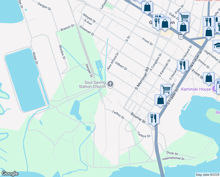 map of restaurants, bars, coffee shops, grocery stores, and more near 1919 Hawkins Street in Georgetown
