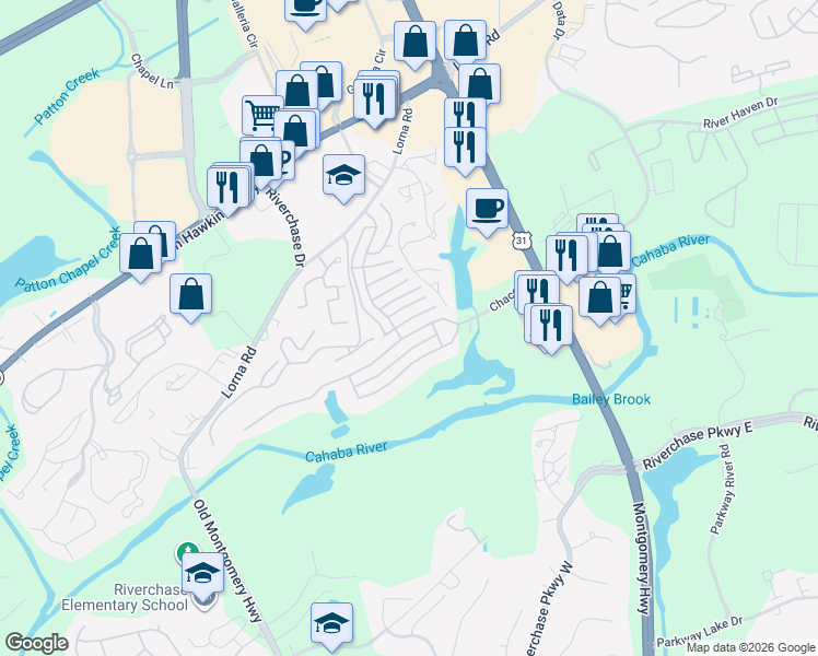 map of restaurants, bars, coffee shops, grocery stores, and more near 1808 Chace Drive in Hoover