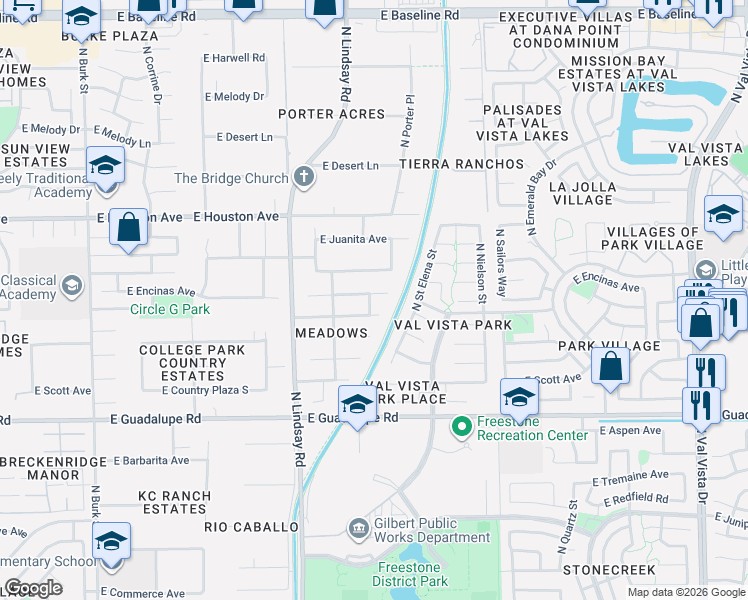 map of restaurants, bars, coffee shops, grocery stores, and more near 943 East Encinas Avenue in Gilbert