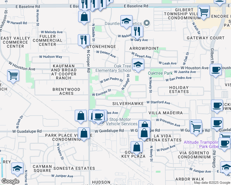 map of restaurants, bars, coffee shops, grocery stores, and more near 652 West San Remo Court in Gilbert