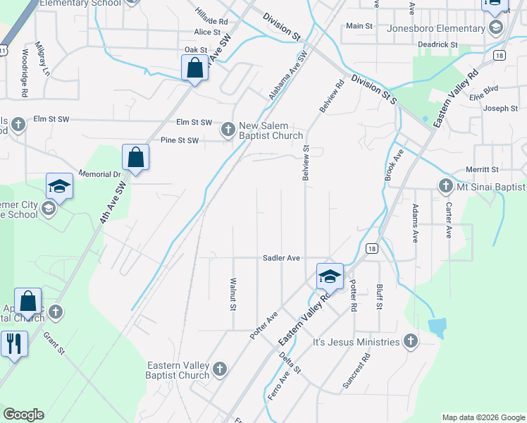 map of restaurants, bars, coffee shops, grocery stores, and more near 614 Delta Street in Bessemer