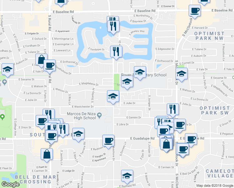map of restaurants, bars, coffee shops, grocery stores, and more near 1207 East Watson Drive in Tempe