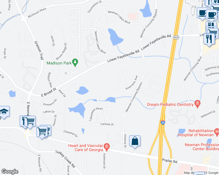 map of restaurants, bars, coffee shops, grocery stores, and more near 46 Inverness Avenue in Newnan