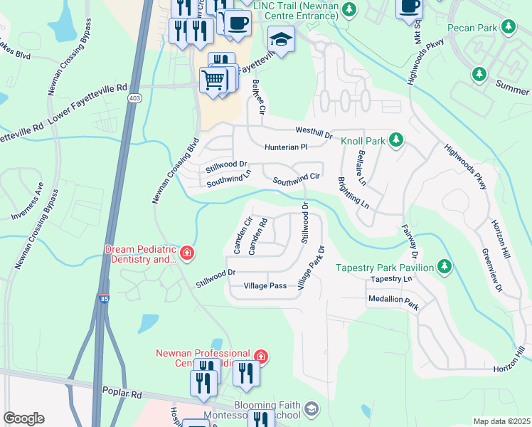 map of restaurants, bars, coffee shops, grocery stores, and more near 275 Village Park Drive in Newnan