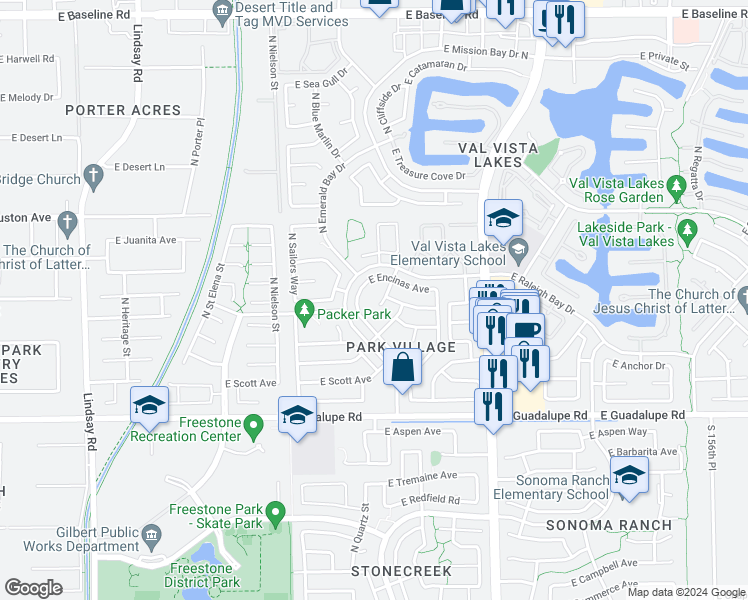 map of restaurants, bars, coffee shops, grocery stores, and more near 1014 North Quartz Street in Gilbert