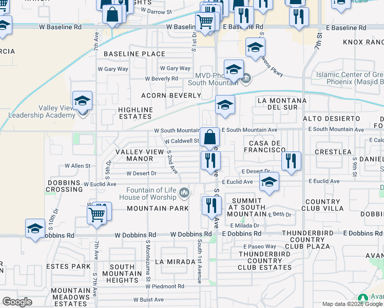 map of restaurants, bars, coffee shops, grocery stores, and more near 119 West Winston Drive in Phoenix