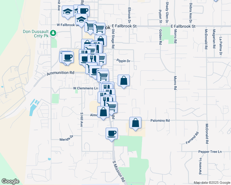 map of restaurants, bars, coffee shops, grocery stores, and more near 1316 Old Stage Road in Fallbrook