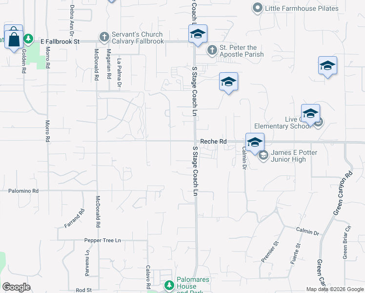 map of restaurants, bars, coffee shops, grocery stores, and more near 1435 Reche Road in Fallbrook