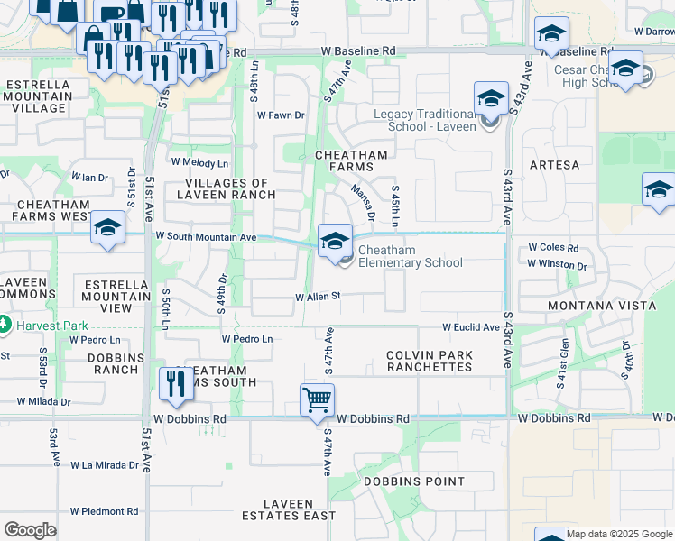 map of restaurants, bars, coffee shops, grocery stores, and more near 4725 West South Mountain Avenue in Phoenix