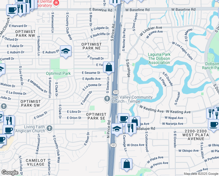 map of restaurants, bars, coffee shops, grocery stores, and more near 5913 South Siesta Lane in Tempe
