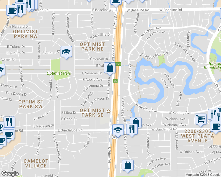 map of restaurants, bars, coffee shops, grocery stores, and more near 5913 South Siesta Lane in Tempe