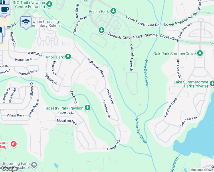 map of restaurants, bars, coffee shops, grocery stores, and more near 276 Highwoods Parkway in Newnan