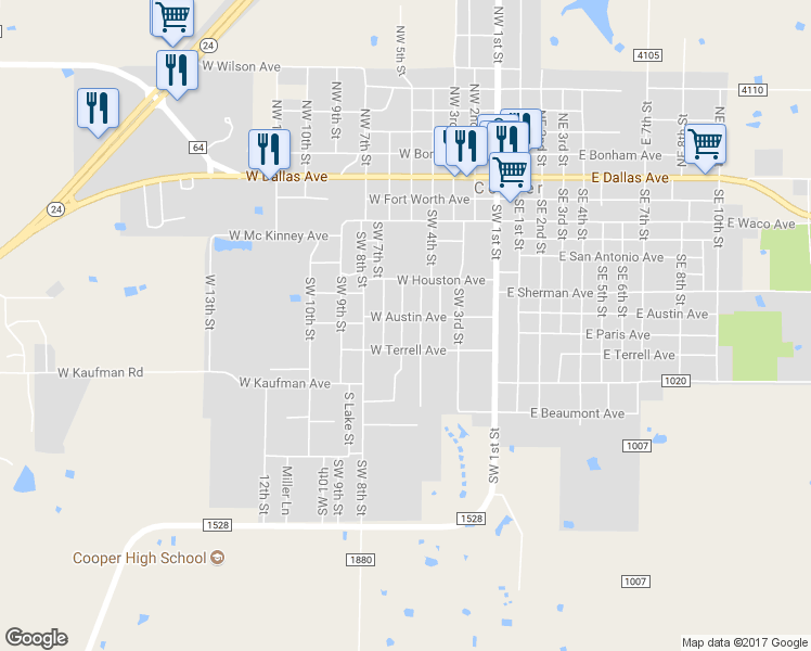 map of restaurants, bars, coffee shops, grocery stores, and more near 551 West Austin Avenue in Cooper