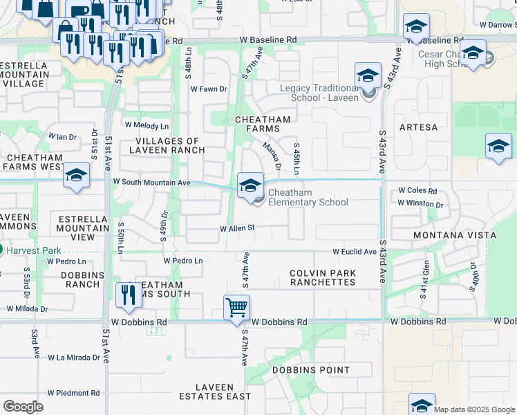 map of restaurants, bars, coffee shops, grocery stores, and more near 4725 West South Mountain Avenue in Phoenix