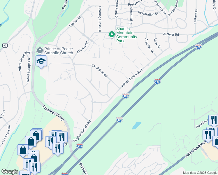 map of restaurants, bars, coffee shops, grocery stores, and more near 1220 Kingston Drive in Birmingham