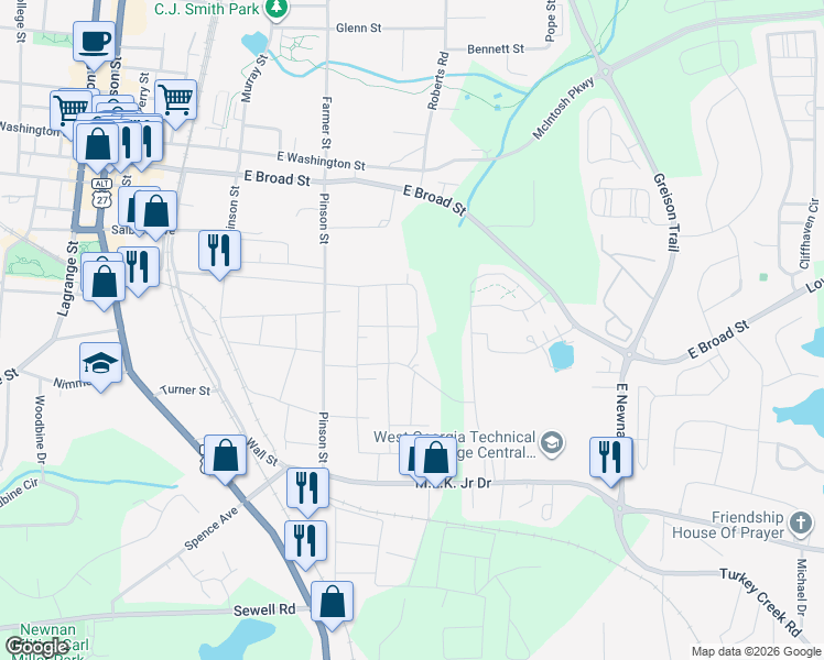 map of restaurants, bars, coffee shops, grocery stores, and more near 21 Mitchell Street in Newnan