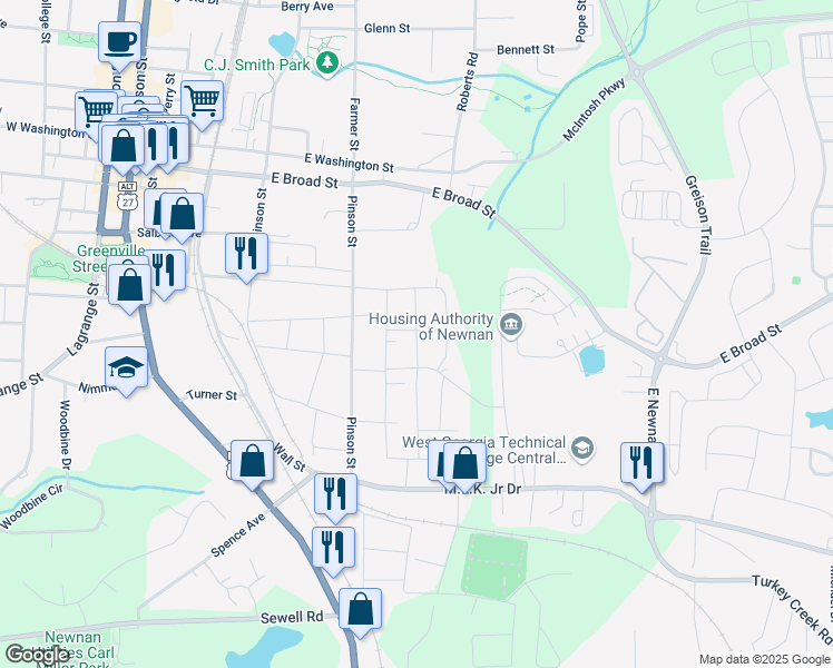 map of restaurants, bars, coffee shops, grocery stores, and more near 19 Hill Street in Newnan