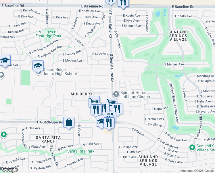 map of restaurants, bars, coffee shops, grocery stores, and more near 10751 East Monterey Avenue in Mesa