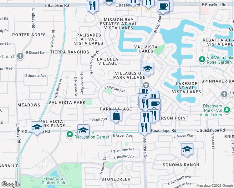 map of restaurants, bars, coffee shops, grocery stores, and more near 1344 East San Remo Avenue in Gilbert