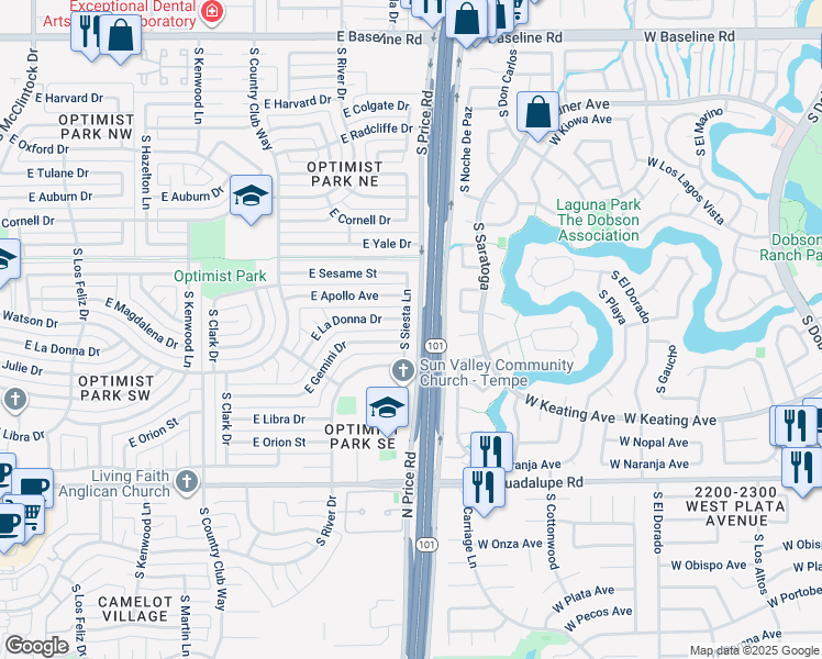 map of restaurants, bars, coffee shops, grocery stores, and more near 5913 South Siesta Lane in Tempe