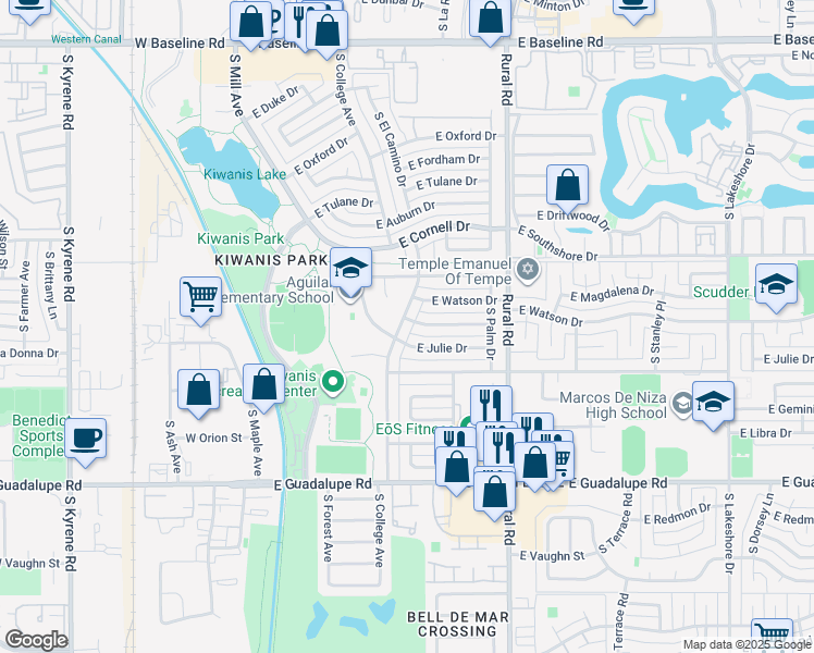 map of restaurants, bars, coffee shops, grocery stores, and more near 5836 South College Avenue in Tempe