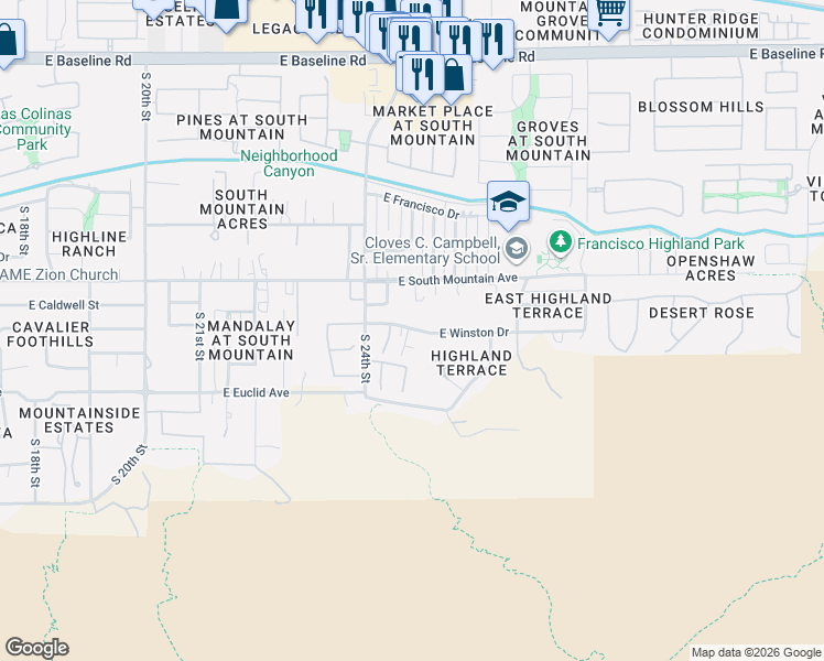 map of restaurants, bars, coffee shops, grocery stores, and more near 2421 East Winston Drive in Phoenix