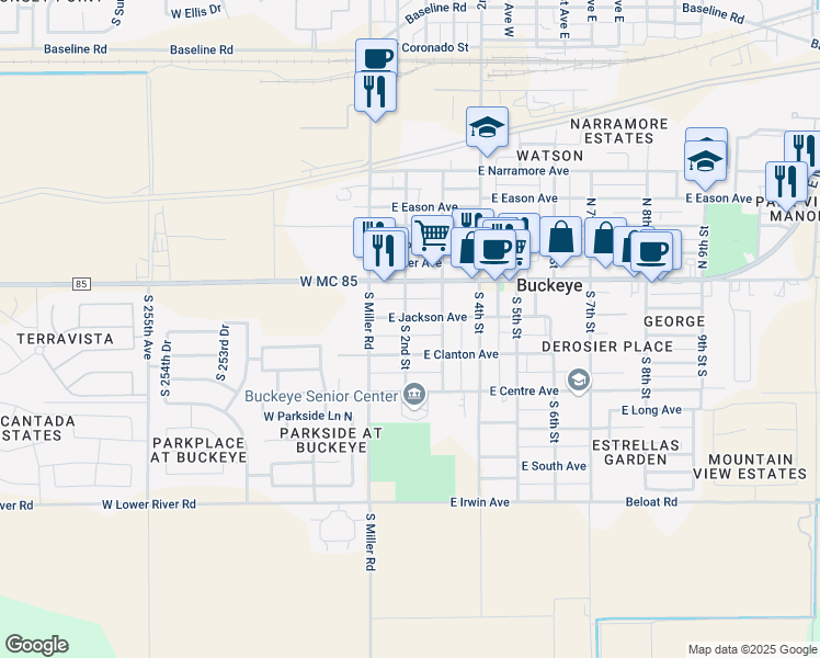 map of restaurants, bars, coffee shops, grocery stores, and more near 209 East Jackson Avenue in Buckeye